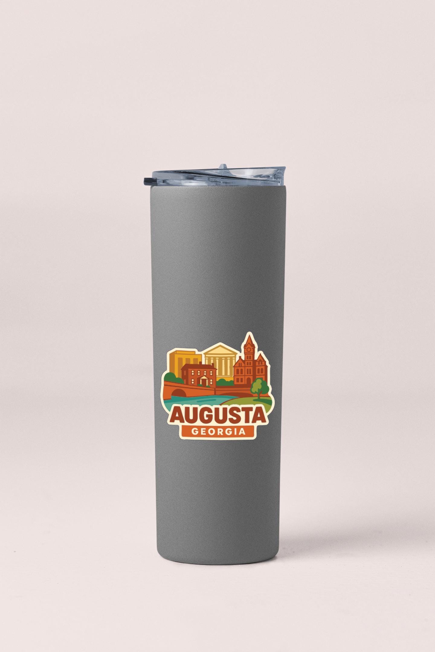 A gray insulated tumbler with a printed design of the city of Atlanta, Georgia on it.