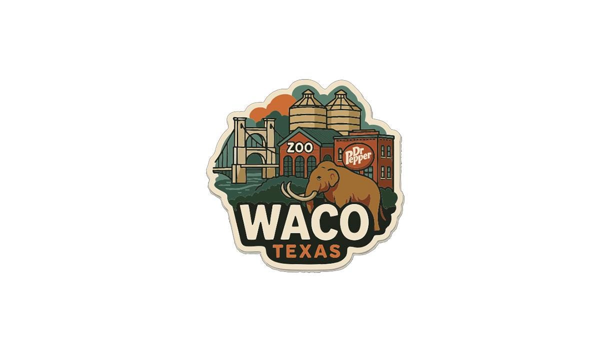 A sticker or emblem featuring a stylized illustration of a cityscape with a large elephant, along with the text "Waco, Texas" prominently displayed.