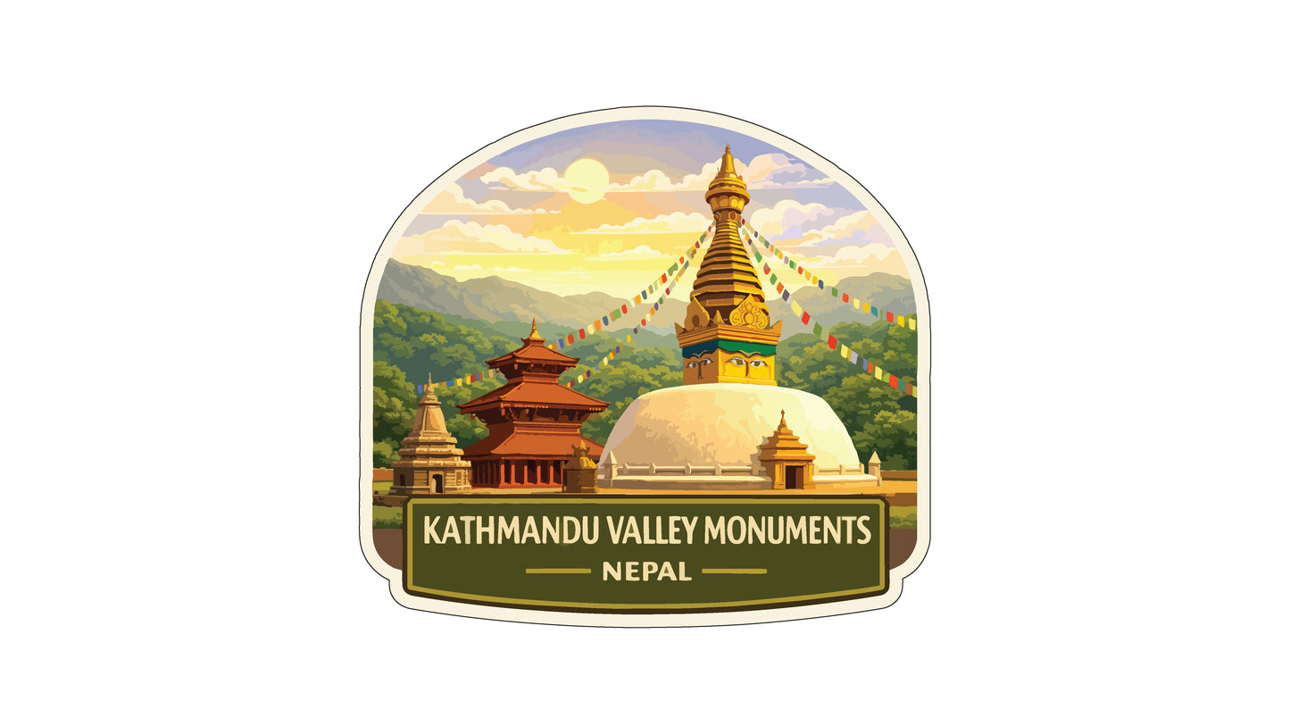 a sticker or label with an illustration of the Kathmandu Valley Monuments in Nepal. The monuments are depicted in a stylized manner, with a golden spire and colorful flags, set against a backdrop of mountains and a clear sky. The text "Kathmandu Valley Monuments Nepal" is prominently displayed, indicating the location and the name of the monument.