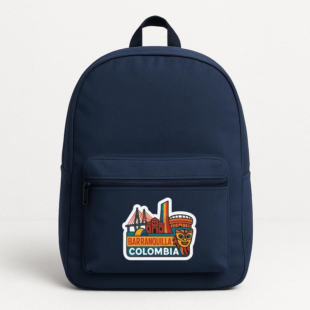A navy blue backpack with a colorful sticker on the front that says "BARRANQUILLA COLOMBIA".