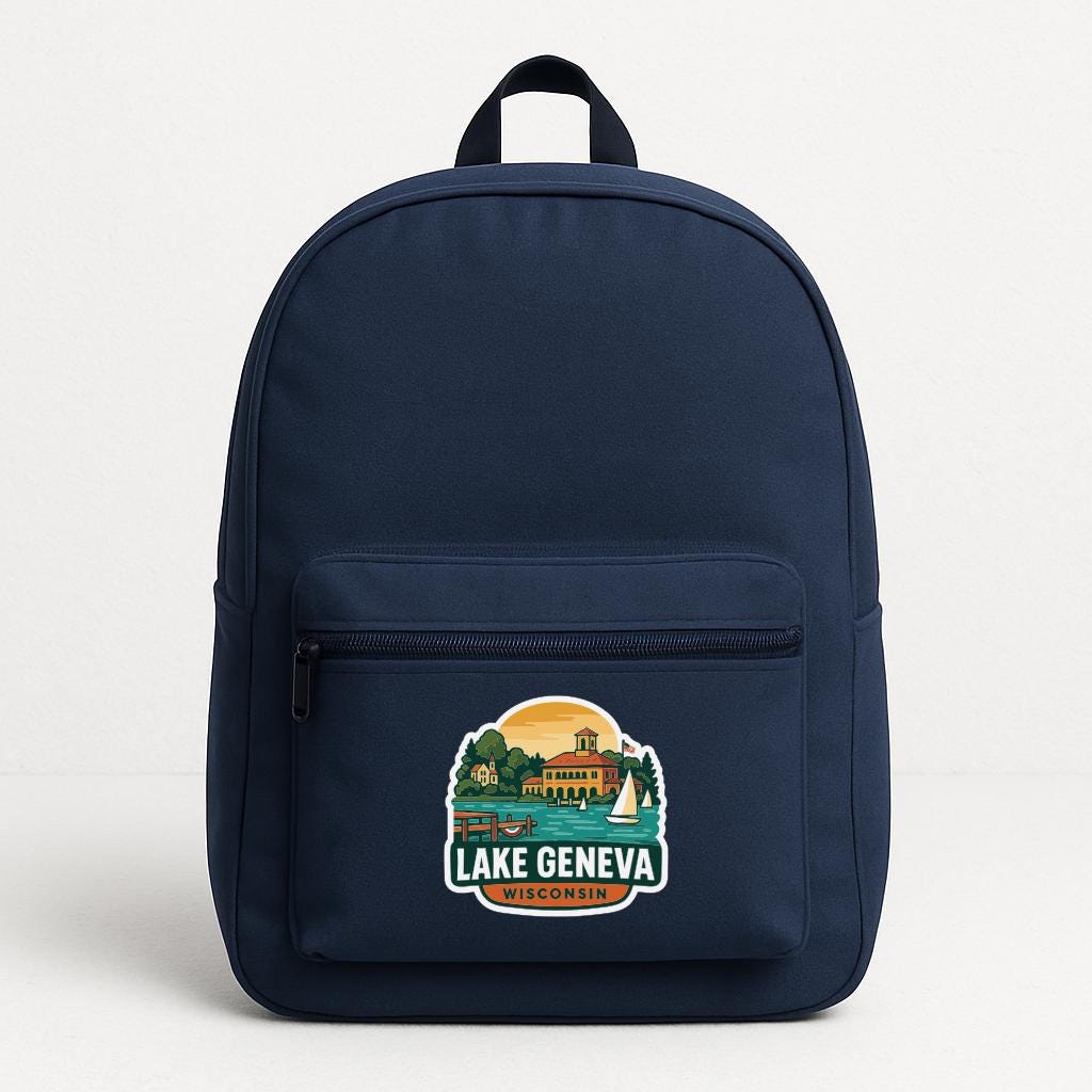 A navy blue backpack with a sticker on the front that says "LAKE GENEVA WISCONSIN".