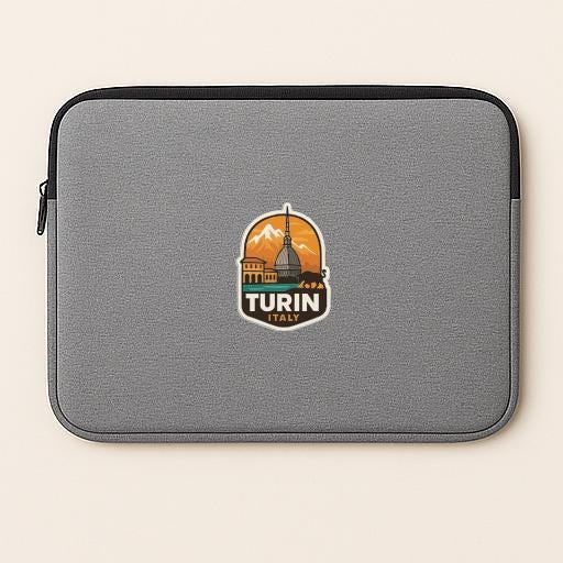 A gray laptop sleeve with a logo of Turin, Italy, printed on it.