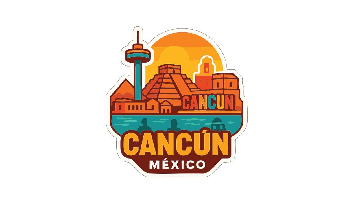 a stylized illustration of the city of Cancun, Mexico, with various landmarks and buildings depicted in a vibrant, colorful style.