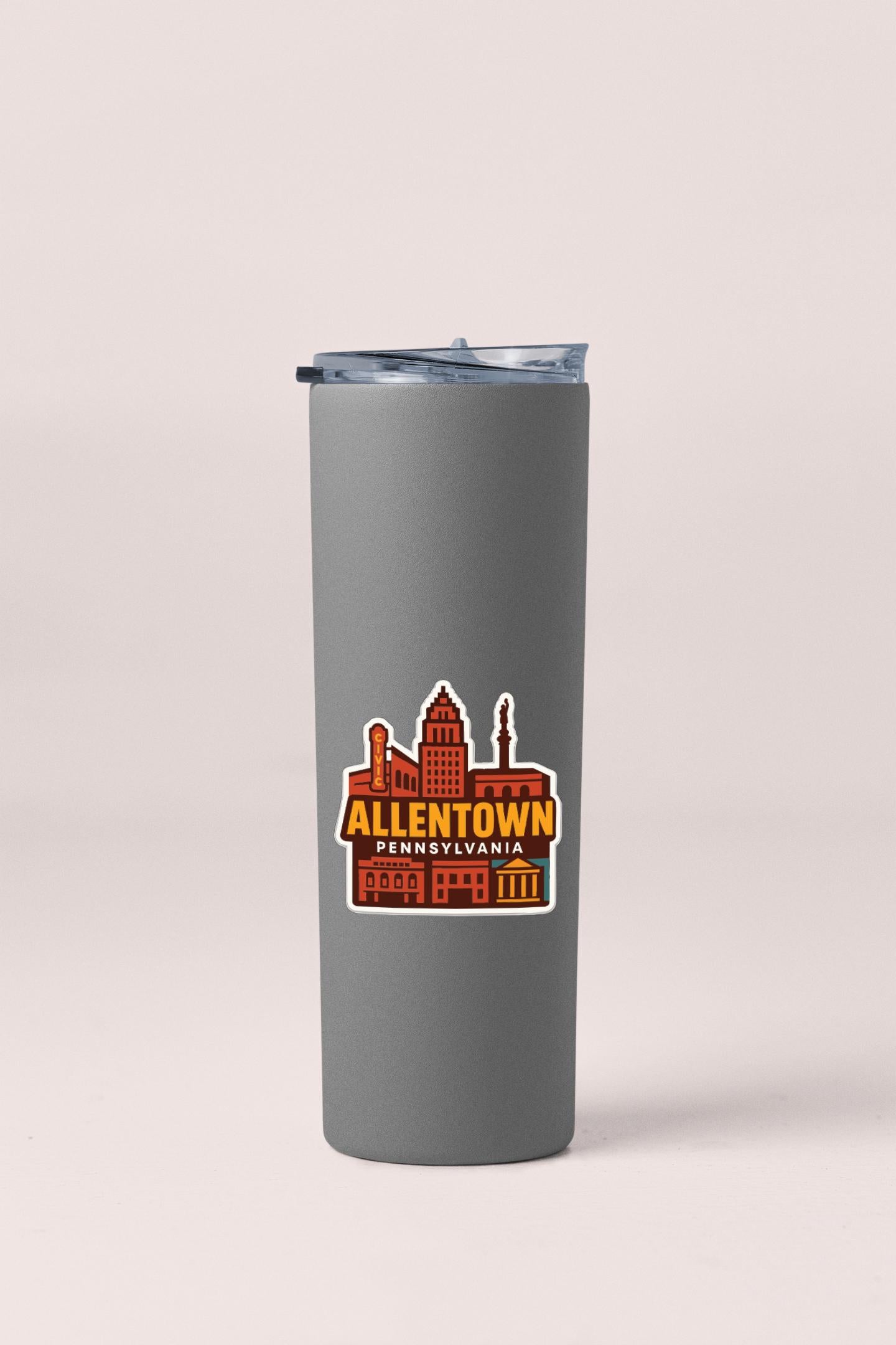 A gray insulated tumbler with a sticker featuring the text "ALLENTOWN PENNSYLVANIA" and an illustration of a city skyline.