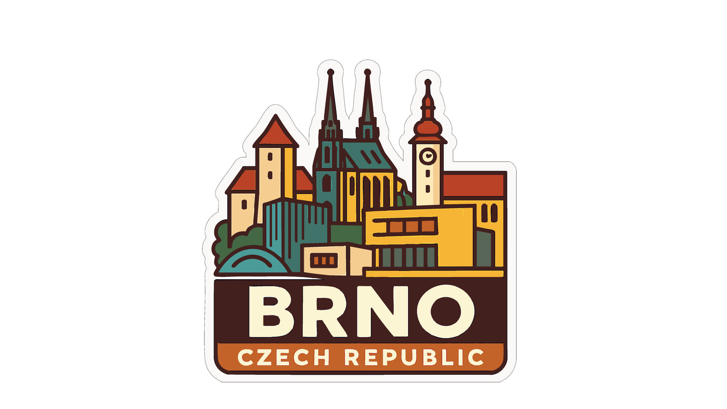 a sticker or logo with a stylized illustration of a city skyline, including a church with a clock tower. The text "BRNO" and "CZECH REPUBLIC" is prominently displayed, indicating the location or country of the image.