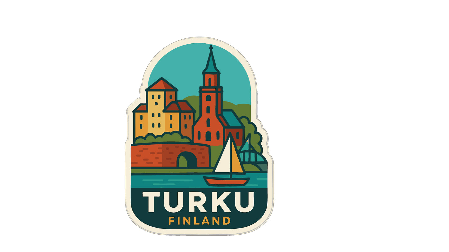 A sticker depicting a cityscape with a castle, a church, and a sailboat, with the text "TURKU FINLAND" below.
