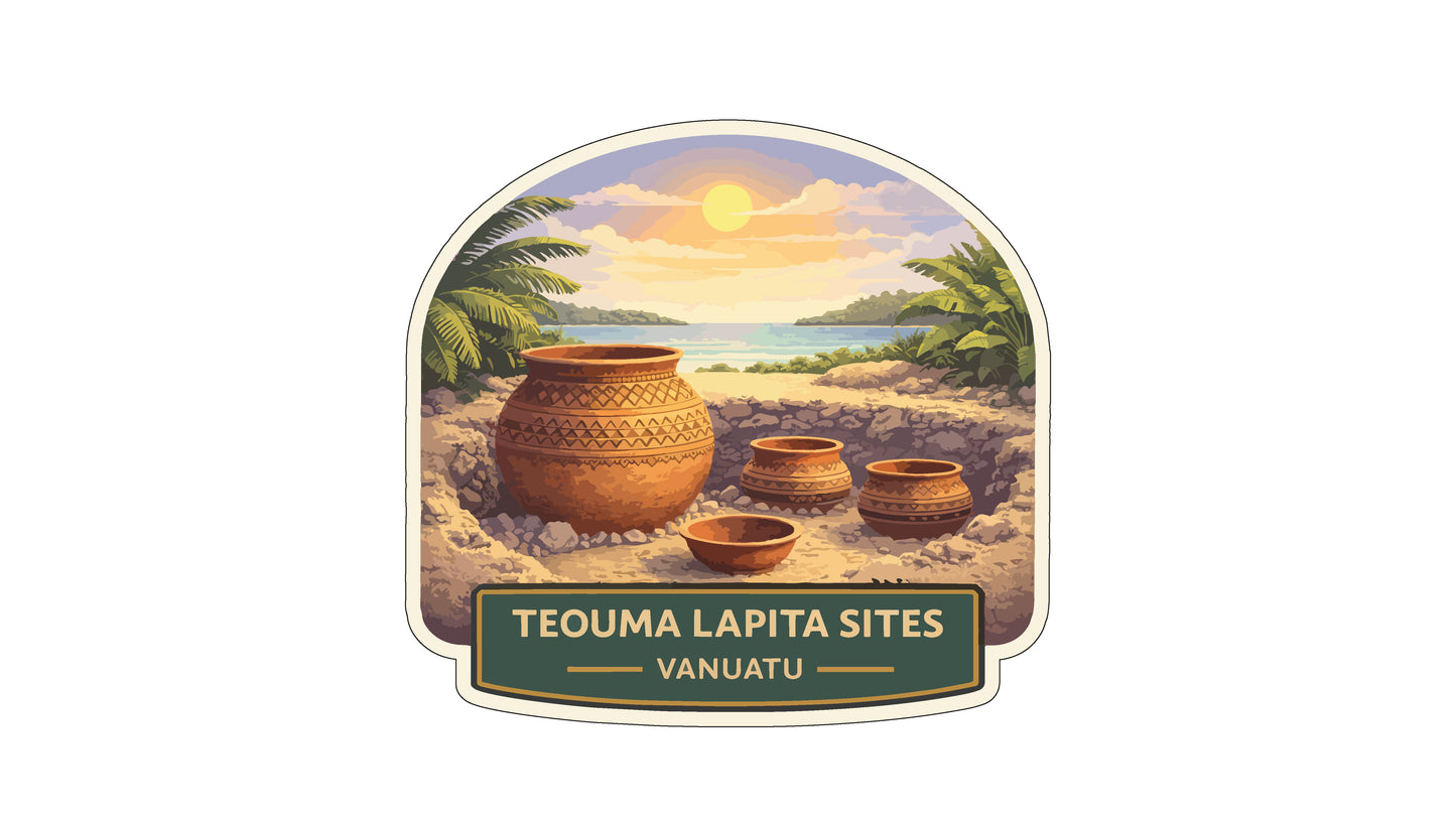 a tropical landscape with palm trees, a sunset, and three large clay pots arranged in a circular pattern.