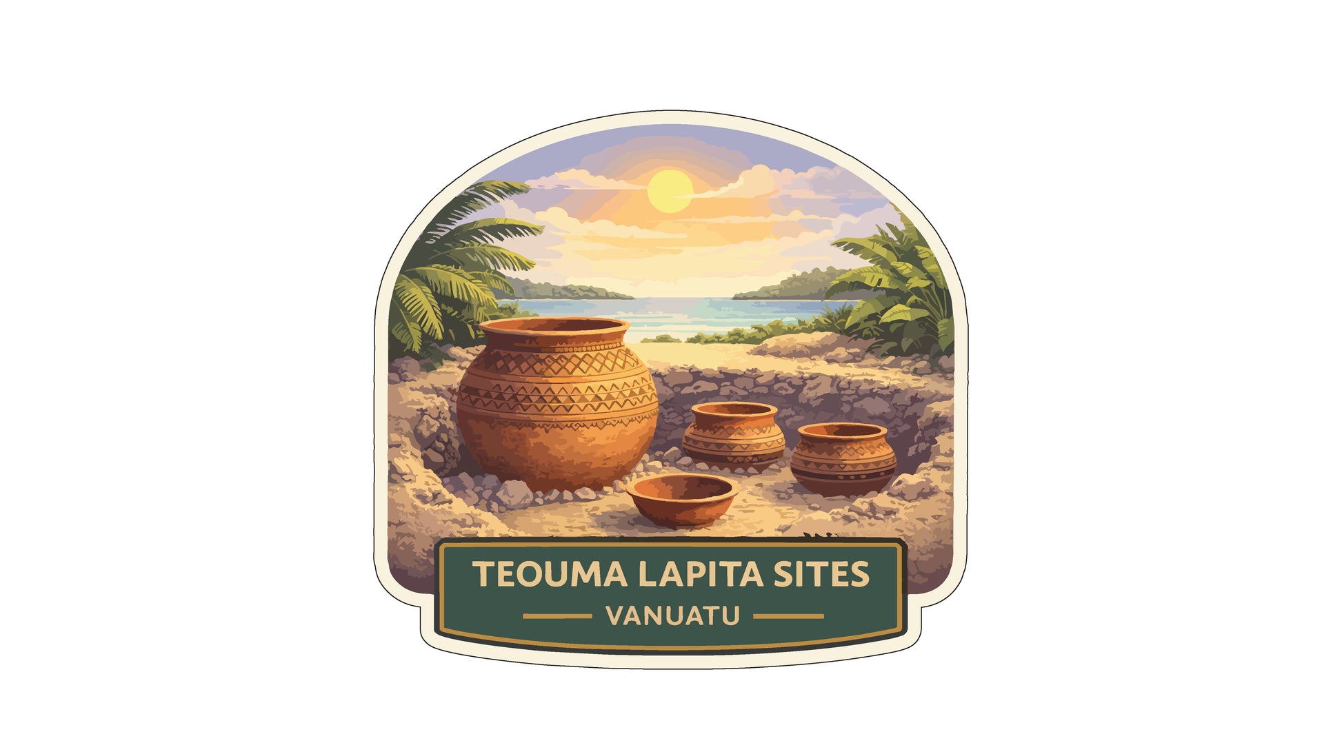 a tropical landscape with palm trees, a sunset, and three large clay pots arranged in a circular pattern.
