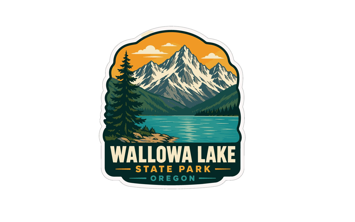 A sticker or emblem featuring a mountain landscape with a lake, pine trees, and a cloudy sky. The text "WALLOWA LAKE STATE PARK OREGON" is prominently displayed, indicating the location of the scene.