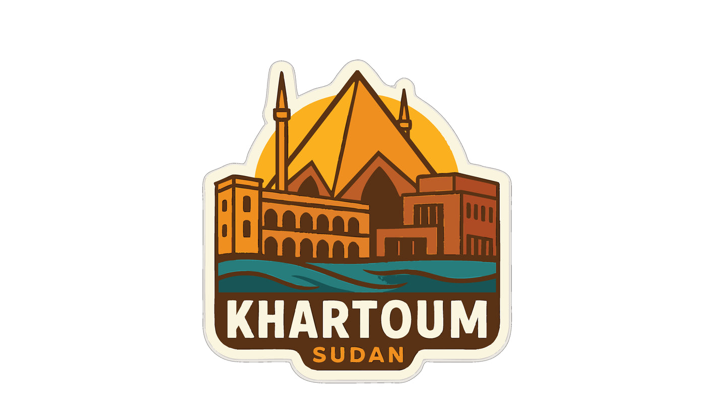 a sticker or logo depicting the city of Khartoum, Sudan, with a pyramid-shaped building and a mosque in the background.