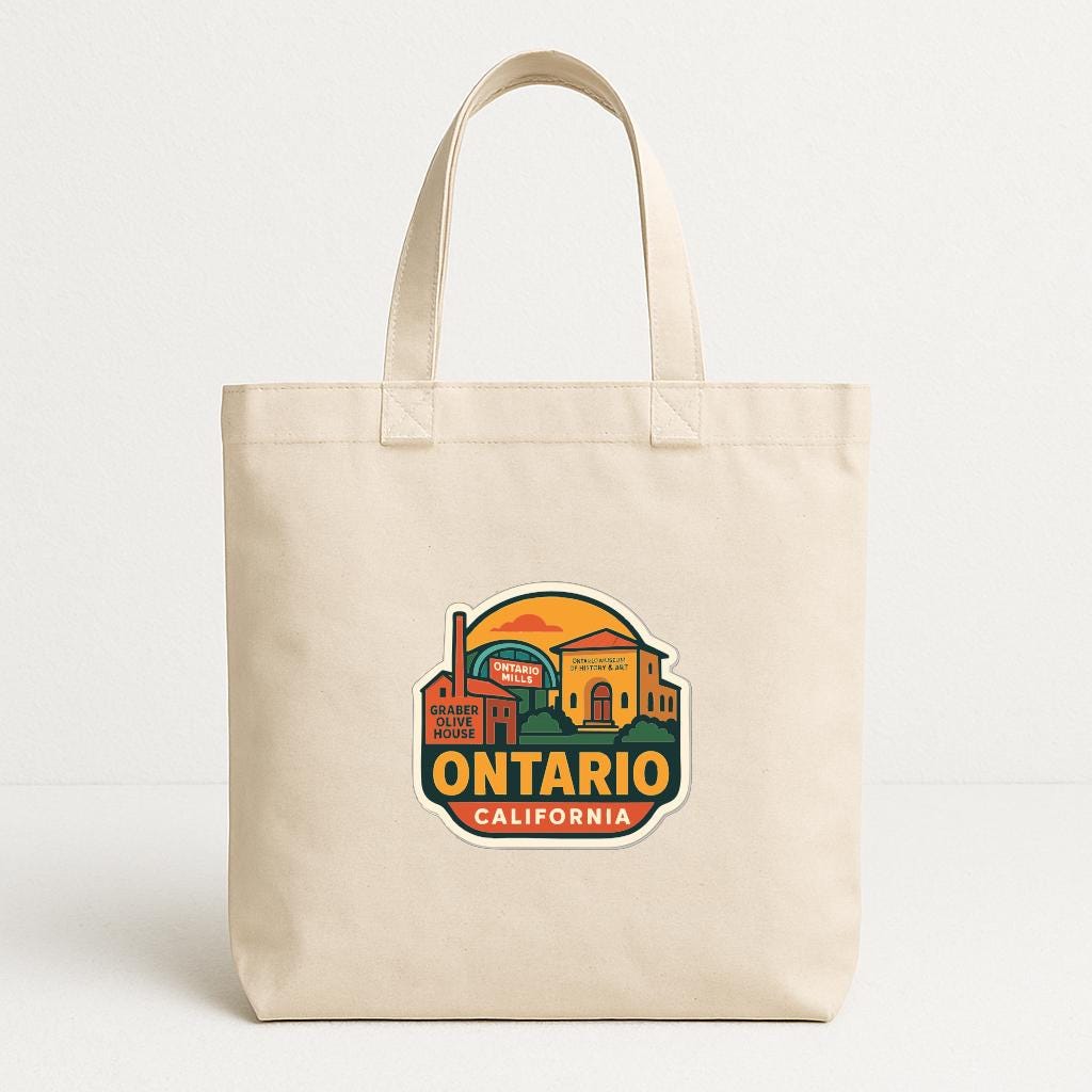 A beige tote bag with a printed design of Ontario, California.