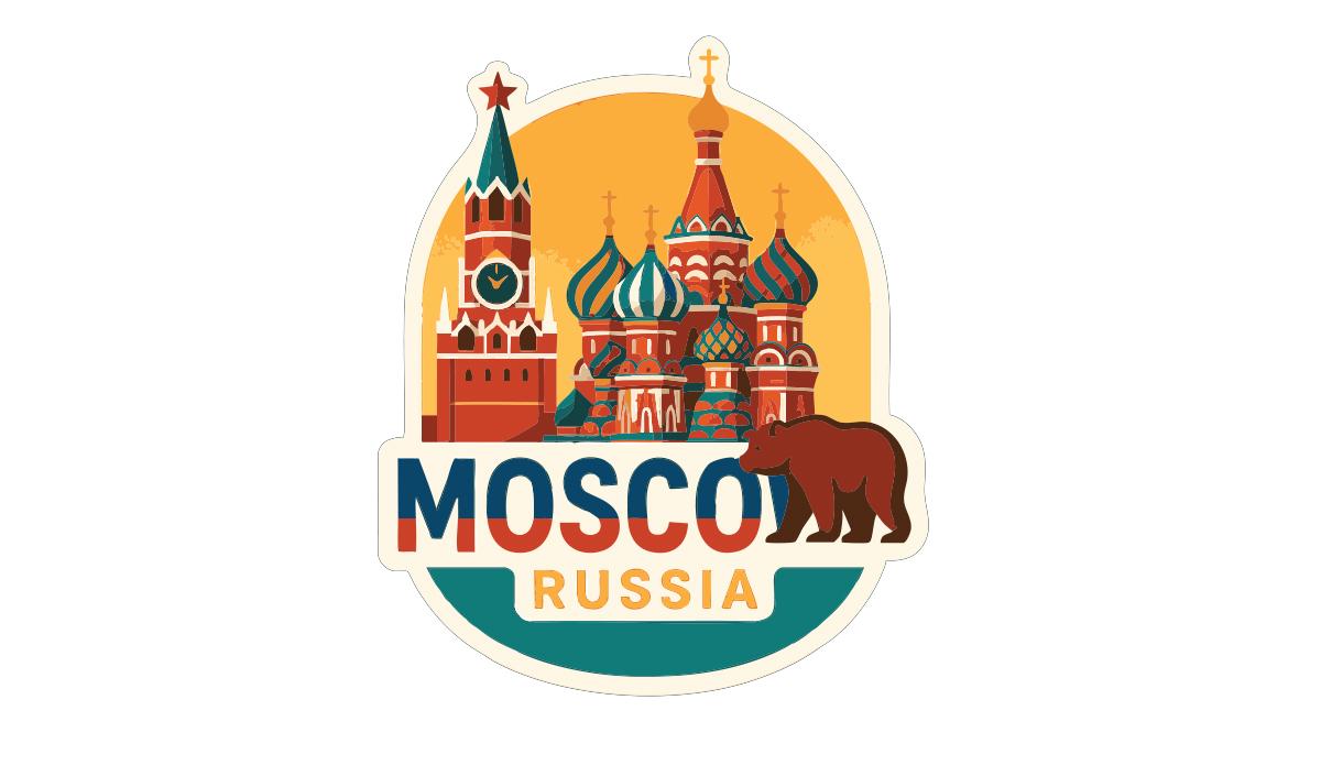 A sticker depicting the iconic St. Basil's Cathedral and the Kremlin in Moscow, Russia, with a bear in the foreground.