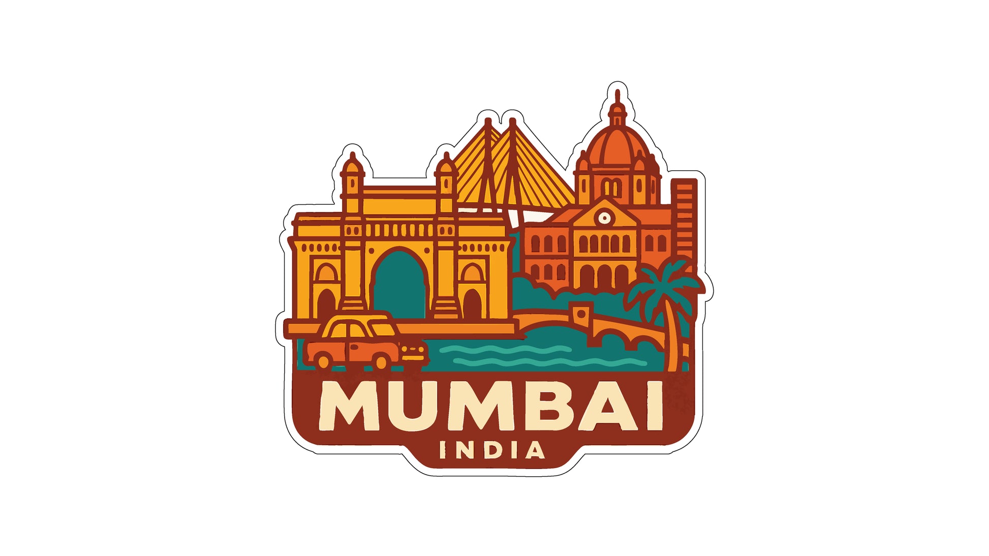 a sticker or emblem with the text "MUMBAI INDIA" and various landmarks and buildings, including a bridge, domed building, and palm trees, all rendered in a stylized and colorful manner.