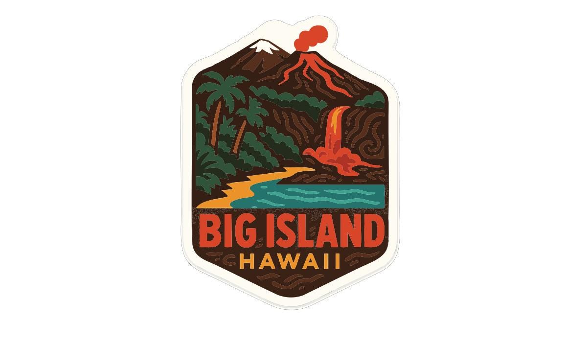 A sticker or emblem featuring a tropical landscape with a volcano, palm trees, and a waterfall, along with the text "BIG ISLAND HAWAII".