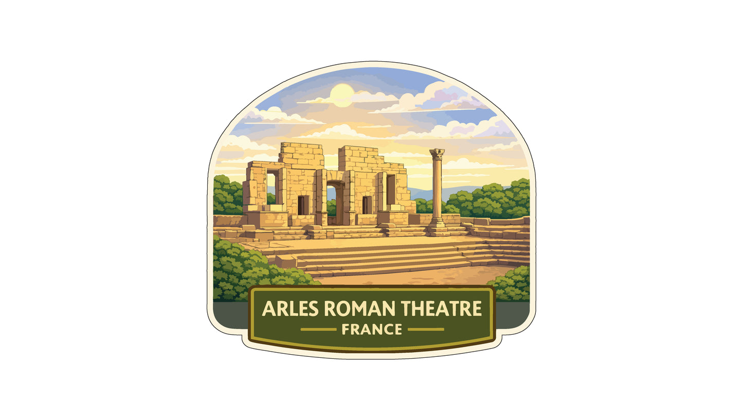 the Arles Roman Theatre in France, with its iconic stone ruins and columns set against a backdrop of a blue sky with clouds.