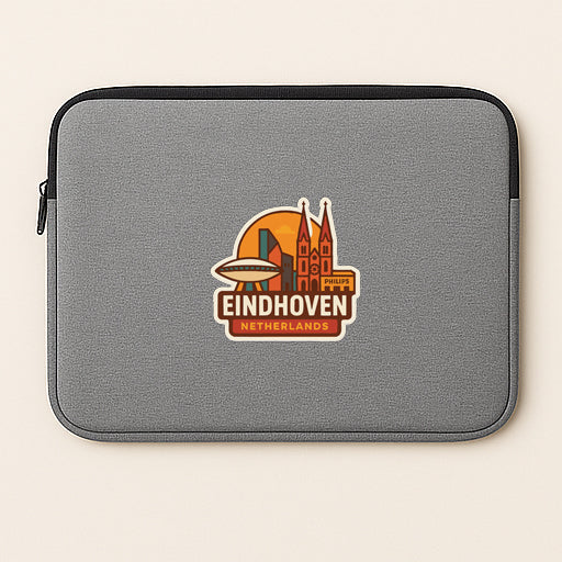 a gray laptop sleeve with a logo of Eindhoven, Netherlands.