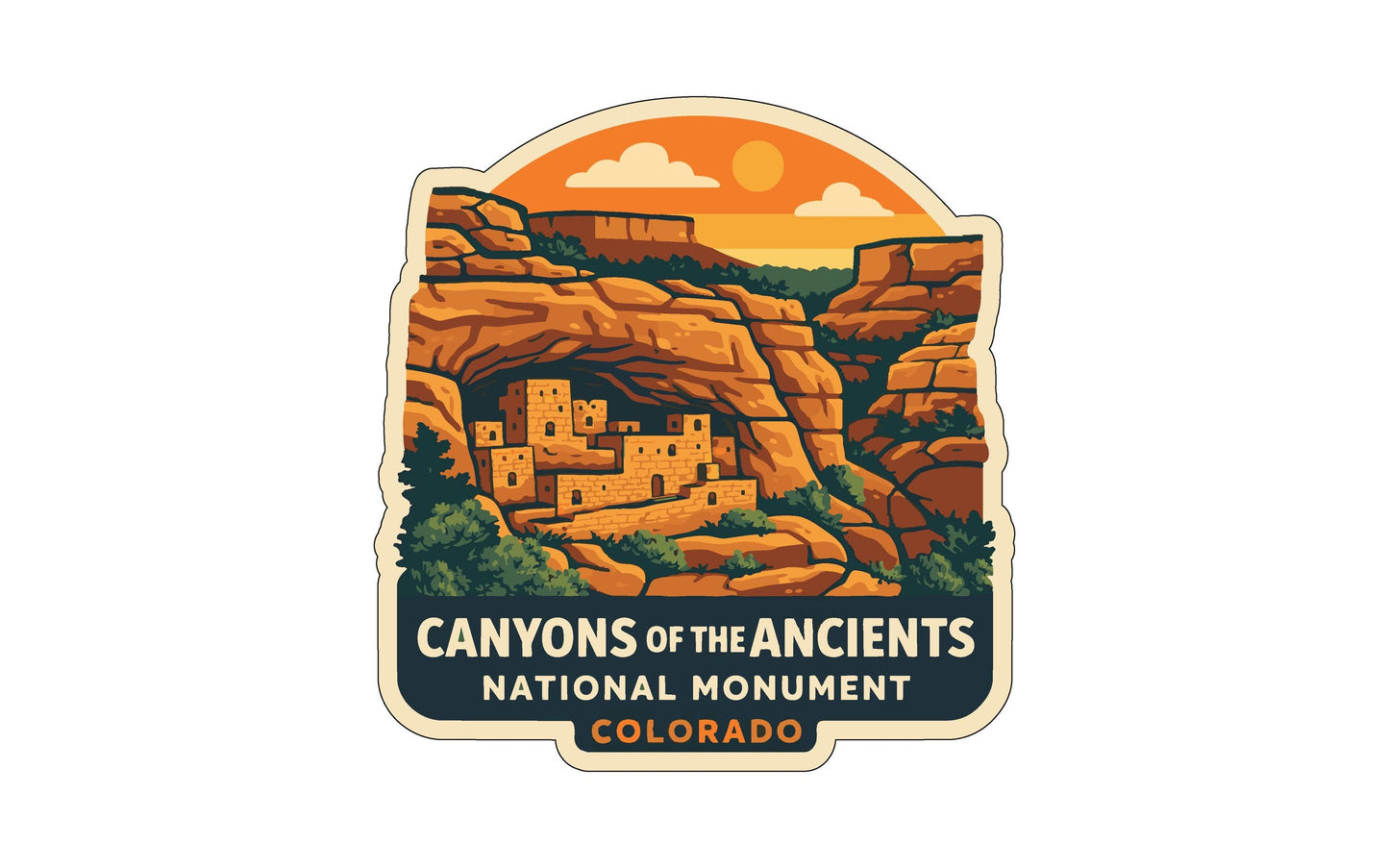 a sticker or label with a stylized illustration of the Canyons of the Ancients National Monument in Colorado.
