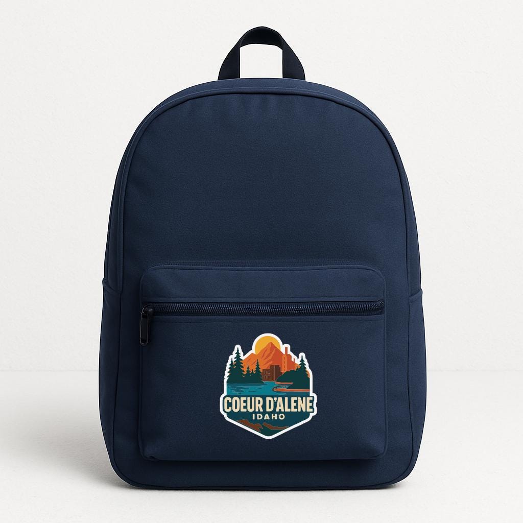 A navy blue backpack with a logo on the front pocket.
