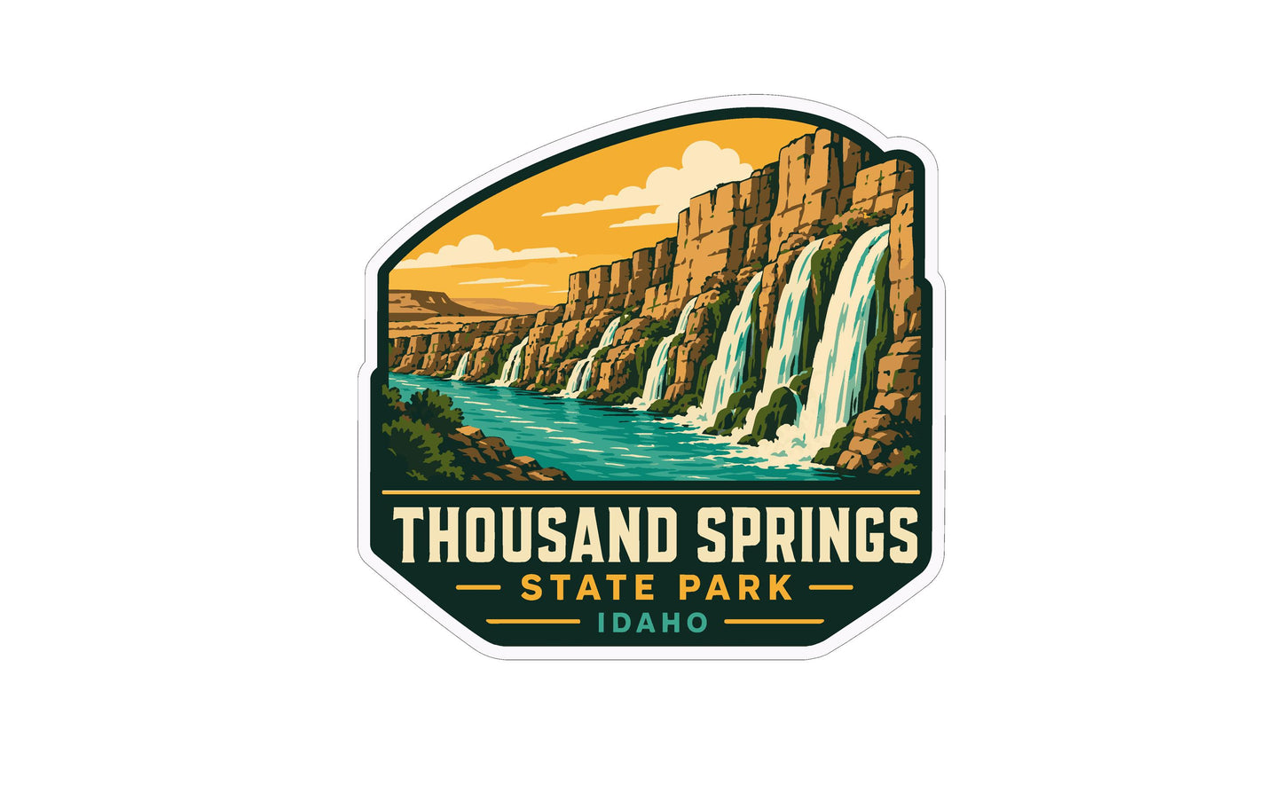 A sticker or emblem featuring a scenic landscape with a waterfall, surrounded by mountains and a river. The text "THOUSAND SPRINGS STATE PARK IDAHO" is prominently displayed, indicating the location of the landmark.
