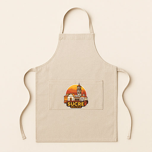 A beige apricot with a graphic design on it, featuring a cityscape with a tower and the text "Sucre" prominently displayed.