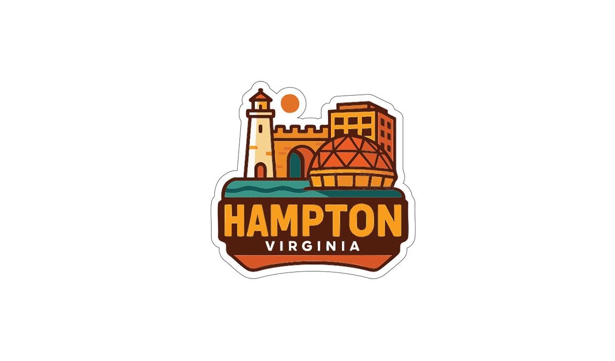 A stylized logo depicting the city of Hampton, Virginia, with a lighthouse, buildings, and a dome.