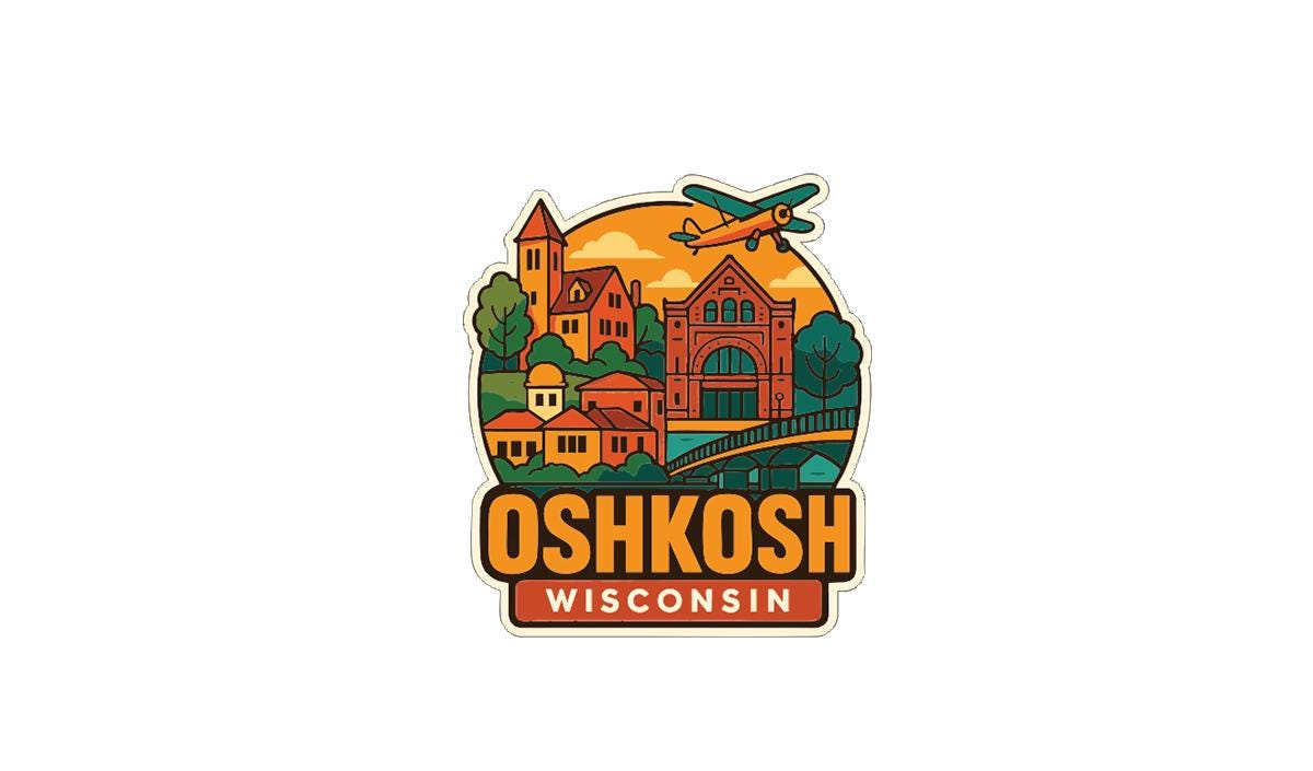 a stylized illustration of a town or city with buildings, a bridge, and a plane flying over it, along with the text "Oshkosh, Wisconsin" prominently displayed.