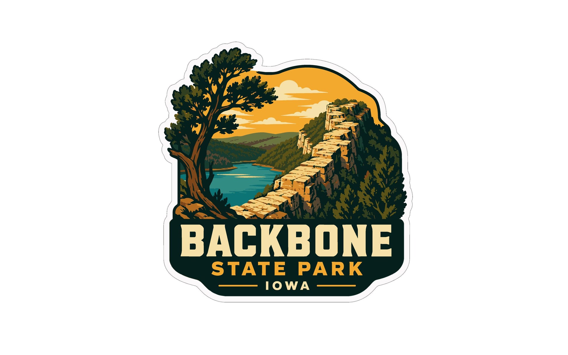 A sticker or emblem featuring a scenic landscape with a mountain, river, and trees, along with the text "BACKBONE STATE PARK IOWA".