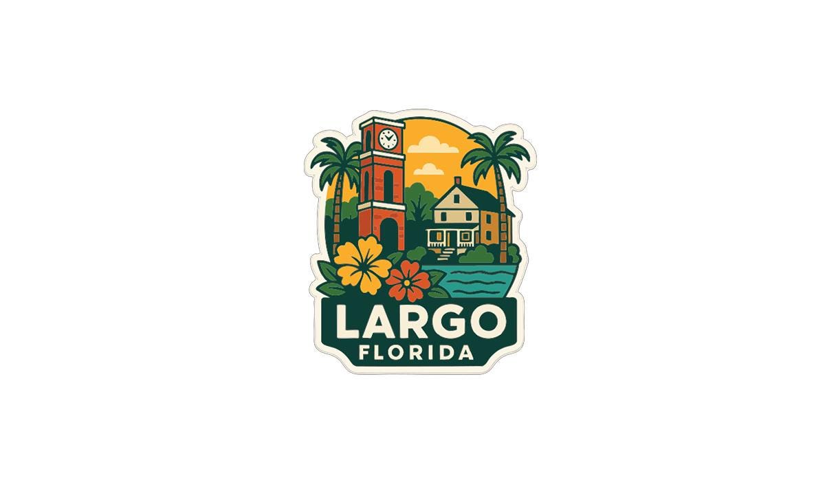 A sticker or emblem featuring a clock tower, palm trees, flowers, and a house, with the text "LARGO FLORIDA" prominently displayed.