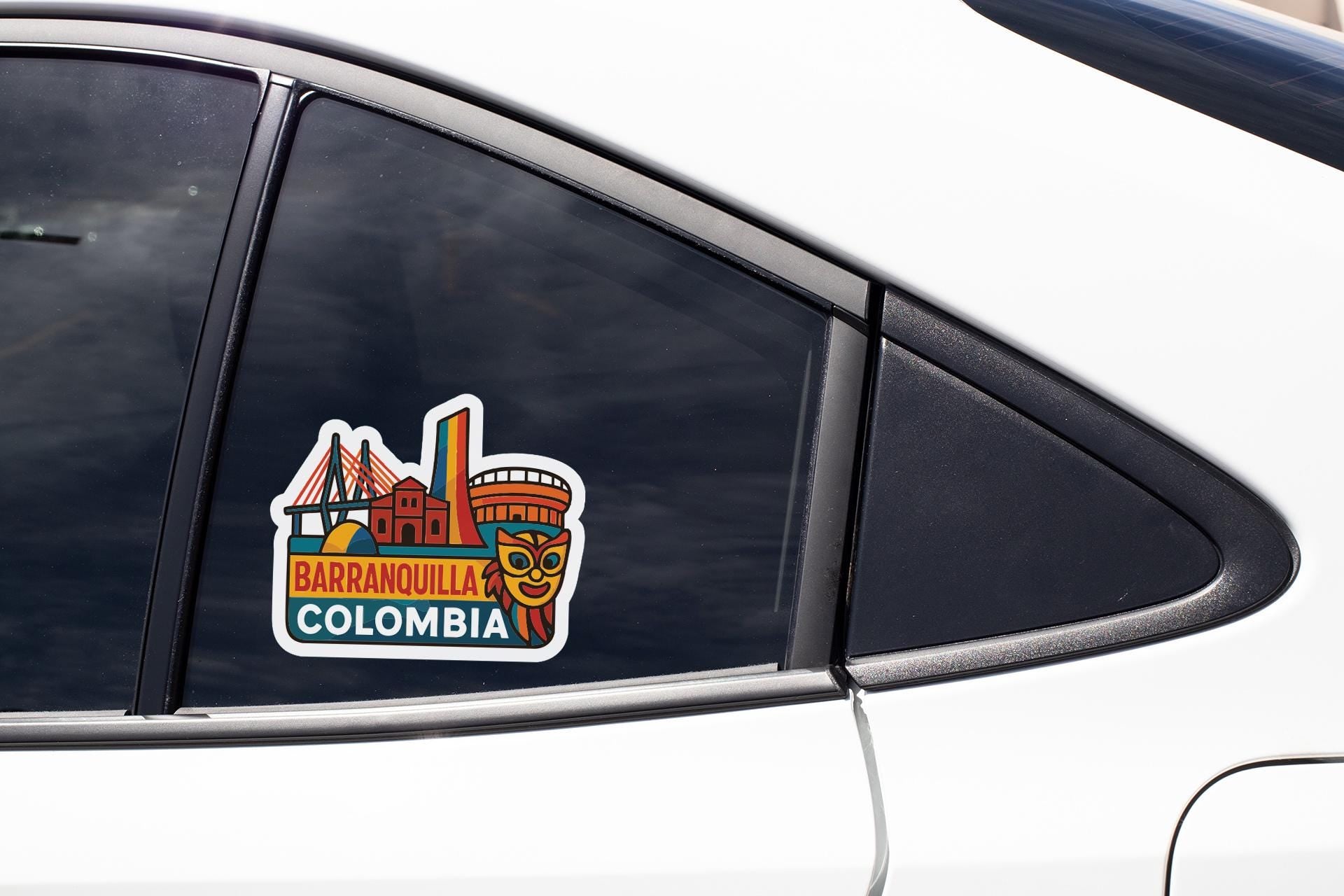 A sticker on the side of a car window, depicting a colorful illustration of a landmark in Colombia.