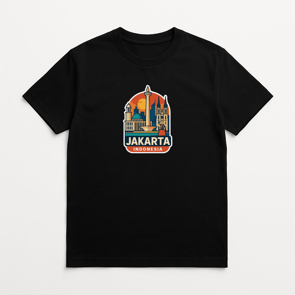 A black t-shirt with a graphic design depicting the skyline of Jakarta, Indonesia.