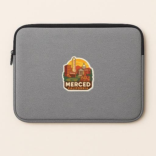 A gray laptop sleeve with a sticker depicting the Merced, California skyline.