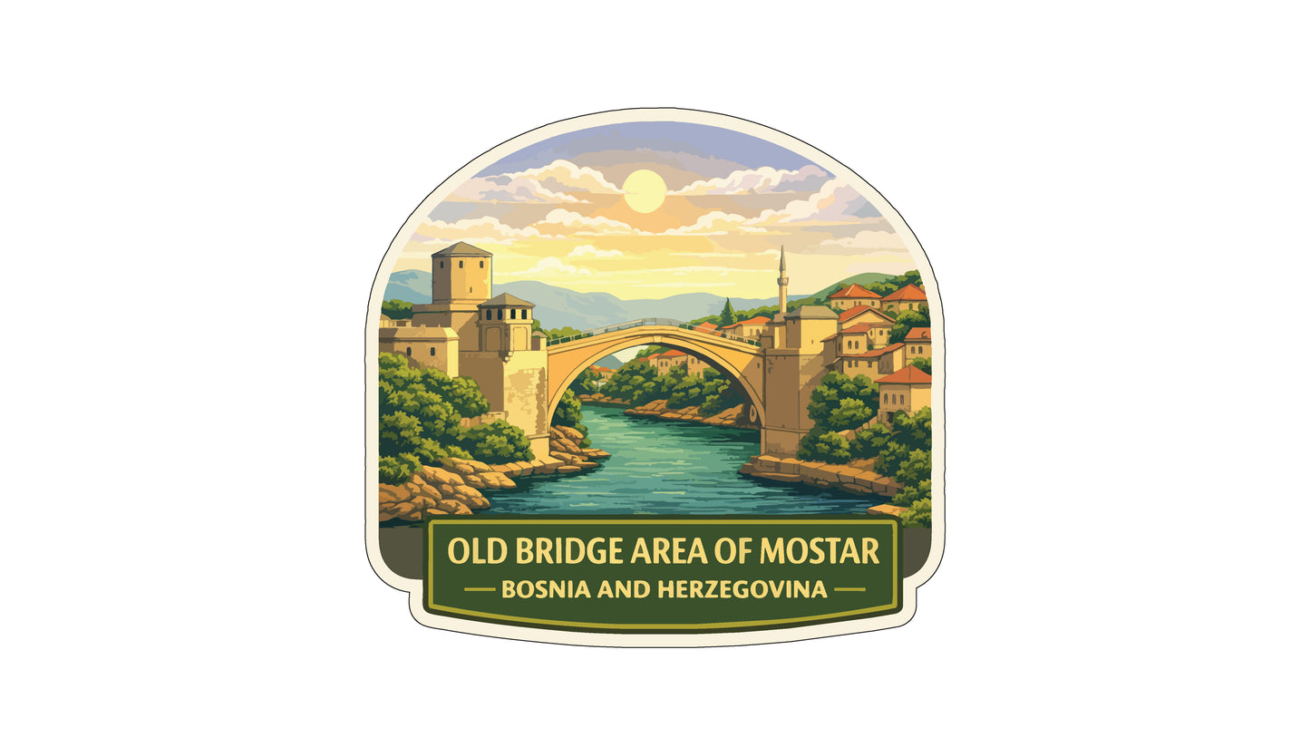 a scenic view of the Old Bridge in the Old Bridge Area of Mostar, Bosnia and Herzegovina.