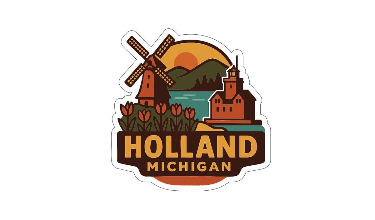 A sticker or logo depicting a scenic view of Holland, Michigan, with a windmill, lighthouse, and mountains in the background.