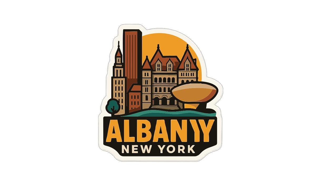 a sticker or logo depicting the city of Albany, New York.