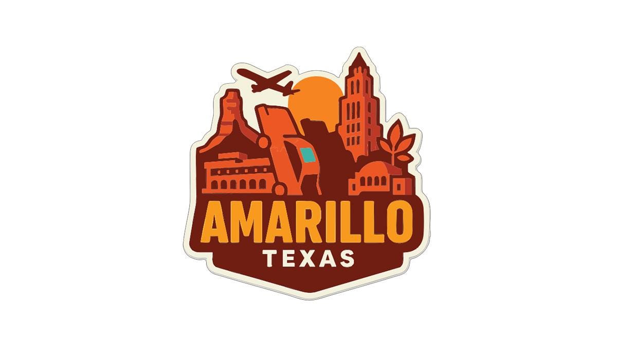 a stylized illustration of the city of Amarillo, Texas, with various landmarks and buildings depicted in a vibrant, colorful design.