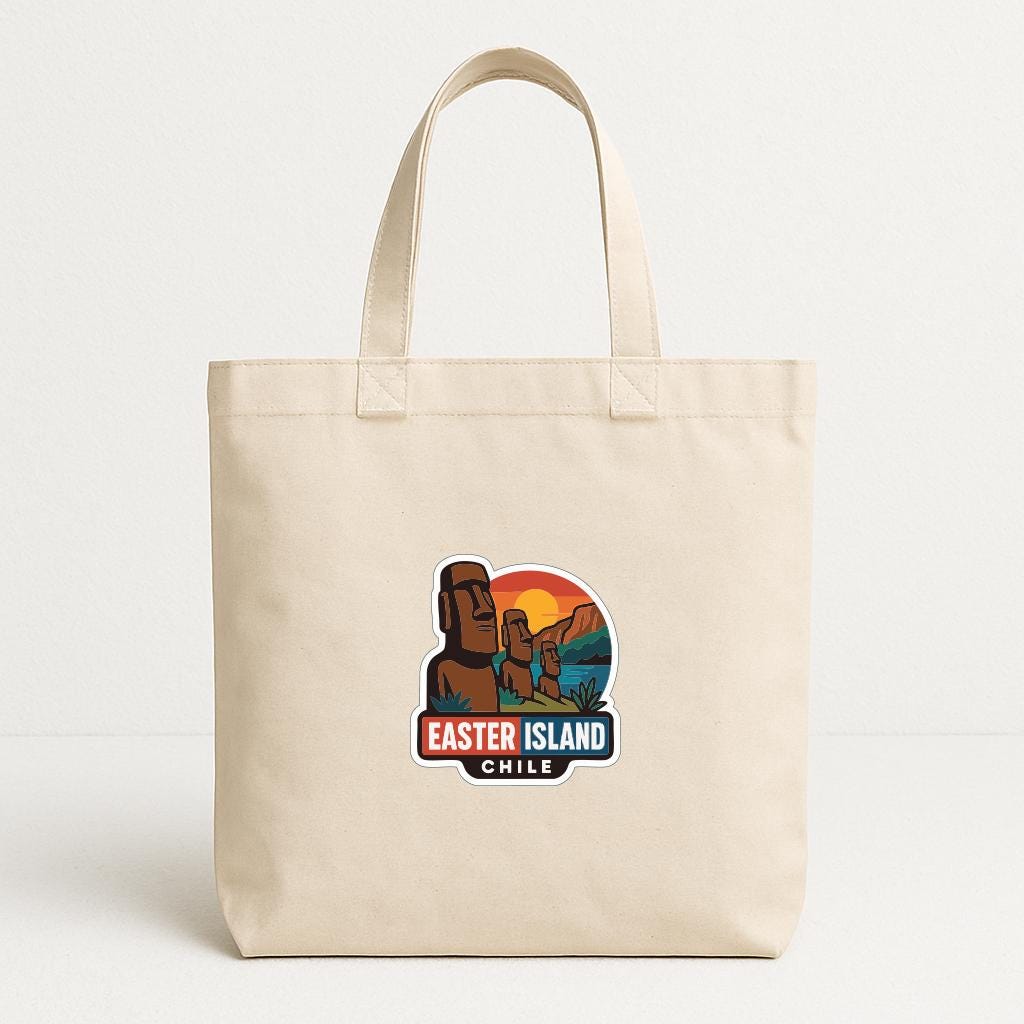 A beige tote bag with a graphic design featuring Easter Island and Chile.