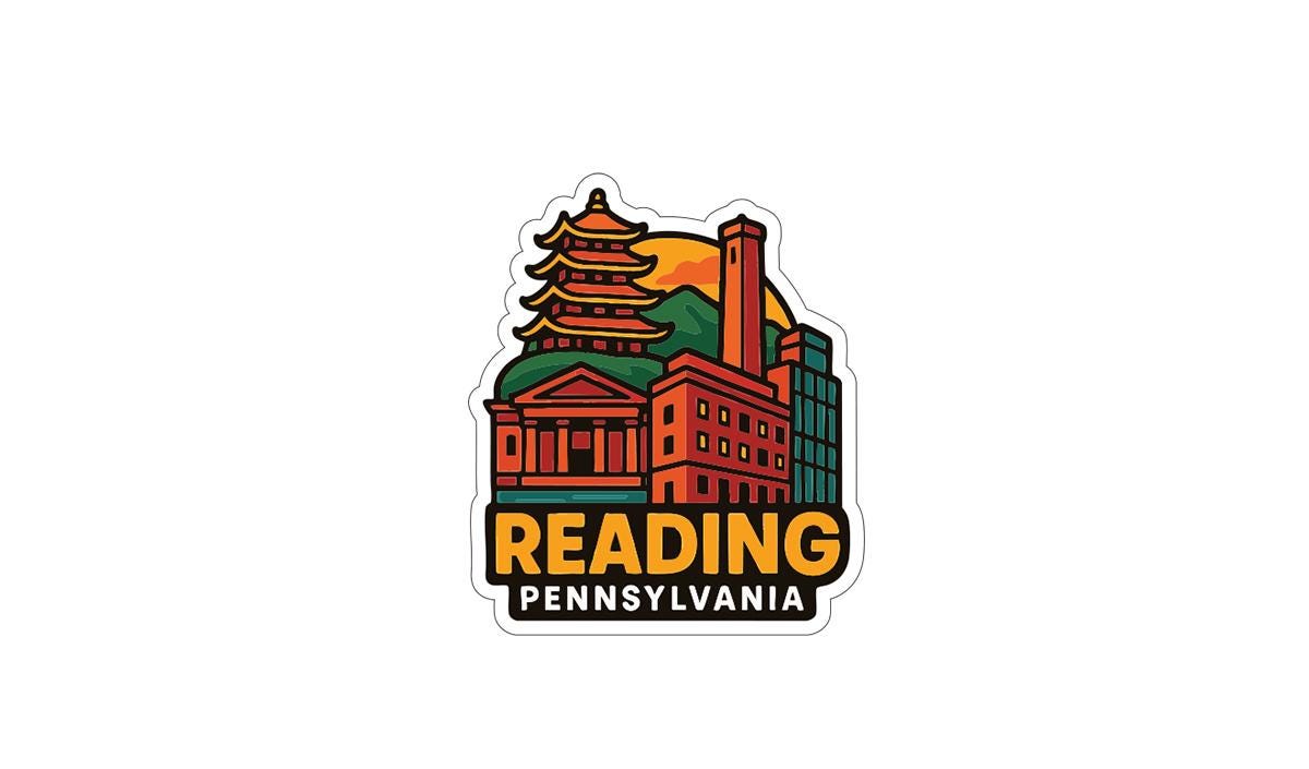 A sticker depicting a city skyline with a pagoda-style building, surrounded by other buildings, with the text "Reading Pennsylvania" prominently displayed.