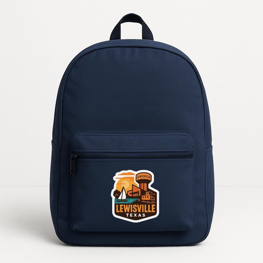 A navy blue backpack with a graphic of Lewisville, Texas on the front.