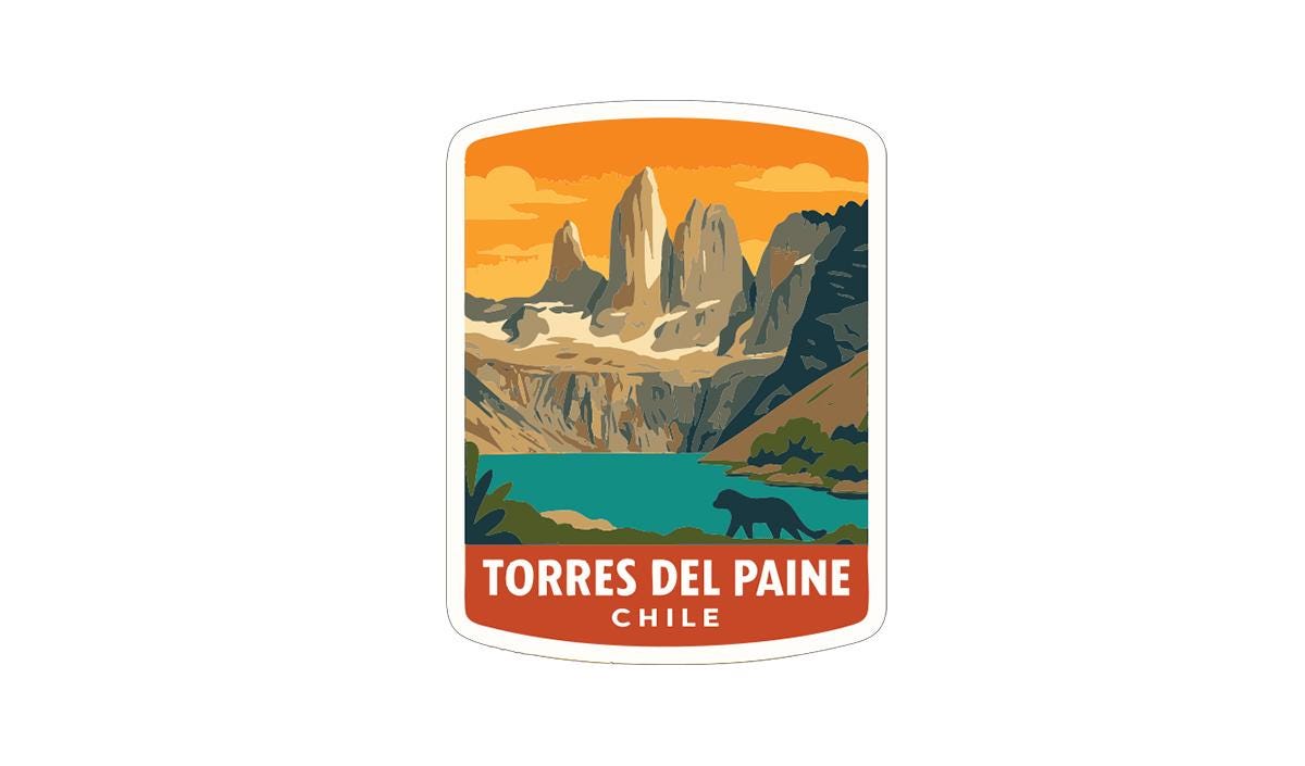 A sticker depicting the majestic Torres del Paine mountain range in Chile, with a serene lake and a lone animal in the foreground.