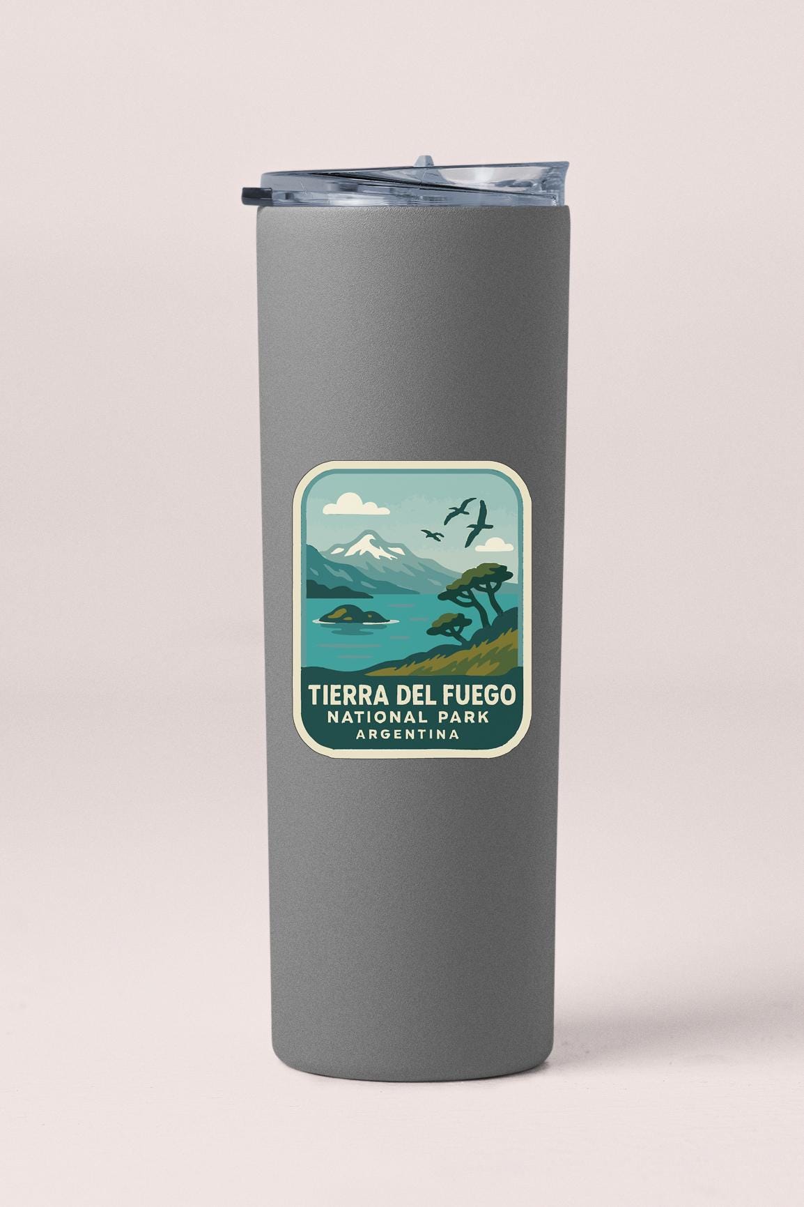 A gray tumbler with a label that says "TIERRA DEL FUEGO NATIONAL PARK ARGENTINA".
