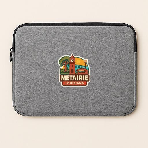a gray laptop sleeve with a colorful logo of Metairie, Louisiana.