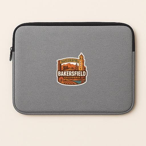 A gray laptop sleeve with a Bakersfield, California logo printed on it.