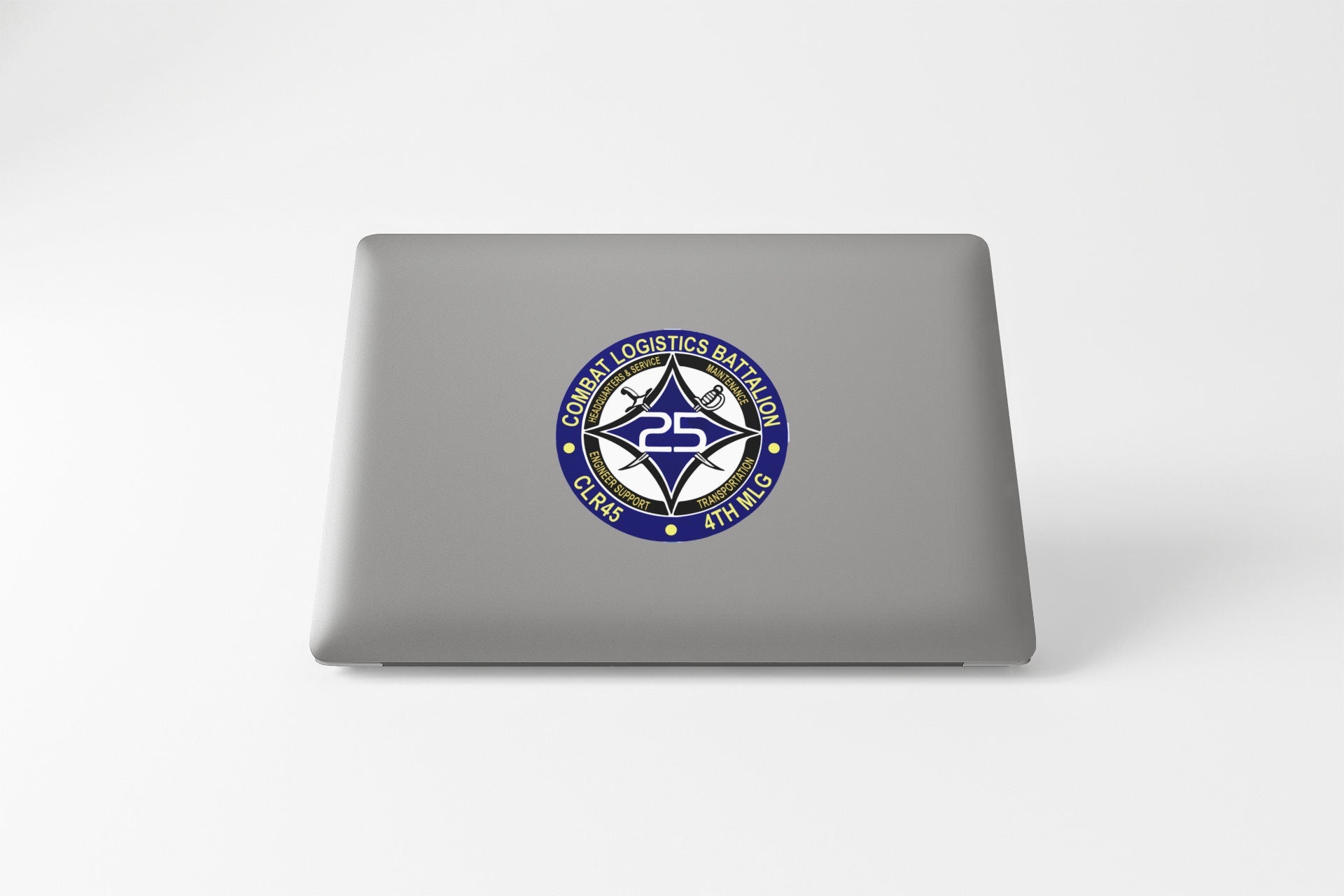 a laptop with a blue and white emblem on it