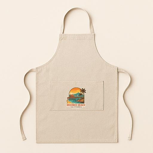 A beige apricot with a graphic of a beach and palm trees, along with the text "REDONO BEACH CALIFORNIA" printed on it.