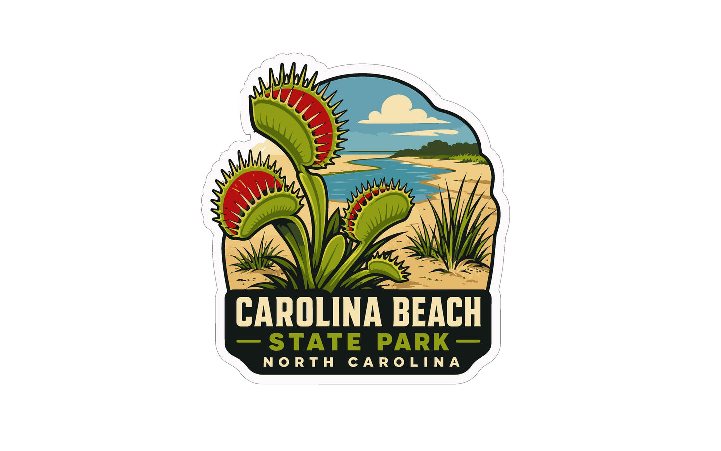 a sticker or emblem for Carolina Beach State Park in North Carolina. It includes a stylized illustration of a carnivorous plant with spiky leaves, a beach scene, and a blue sky with clouds.