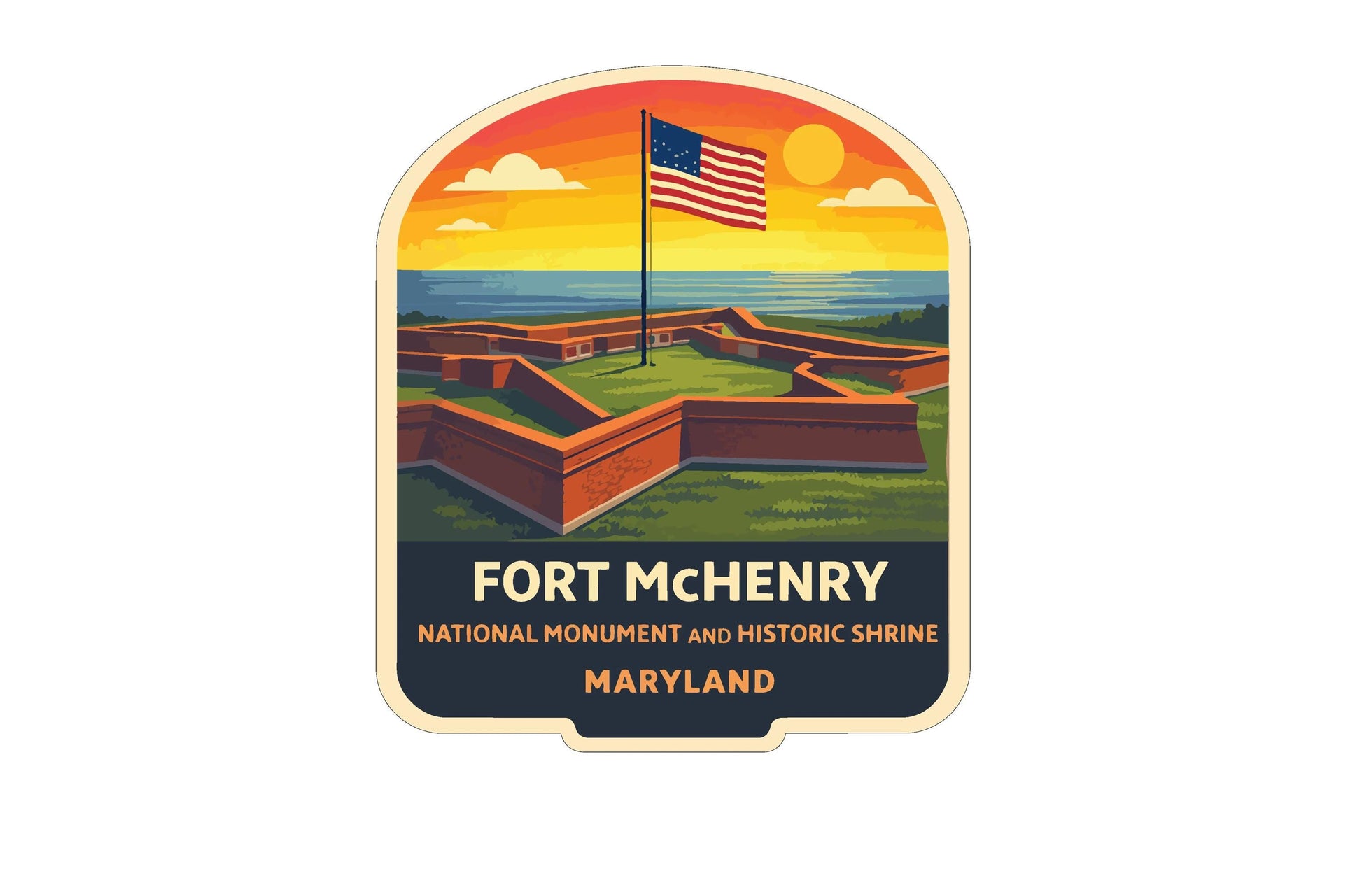 a sticker or label with an illustration of Fort Mchenry, a National Monument and Historic shrine in Maryland.