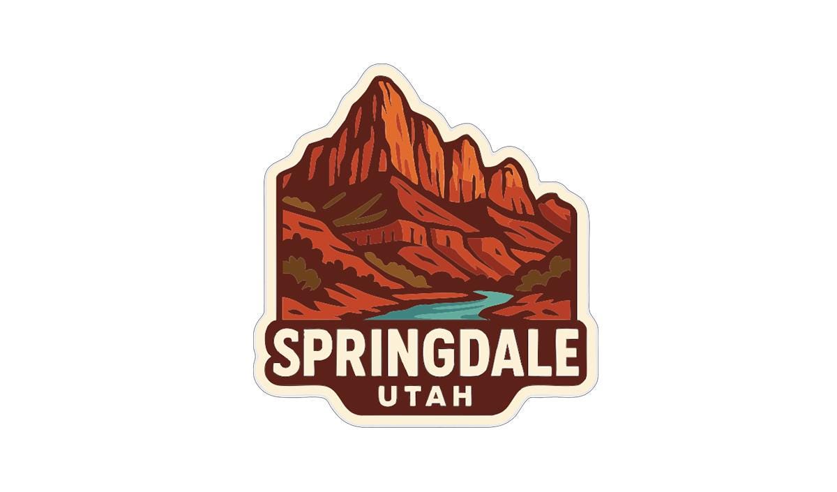 A stylized illustration of a mountain range with a river in the foreground, representing the Springdale, Utah region.