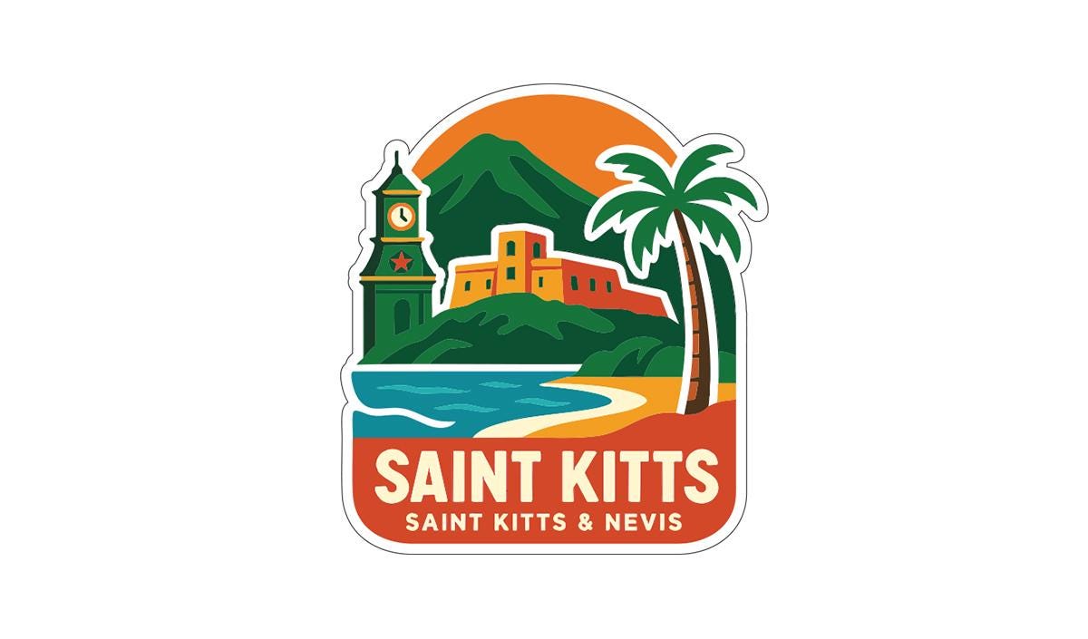 a colorful illustration of a tropical island with a lighthouse, palm tree, and beach, along with the text "SAINT KITT'S SAINT KITT'S & NEVIS".