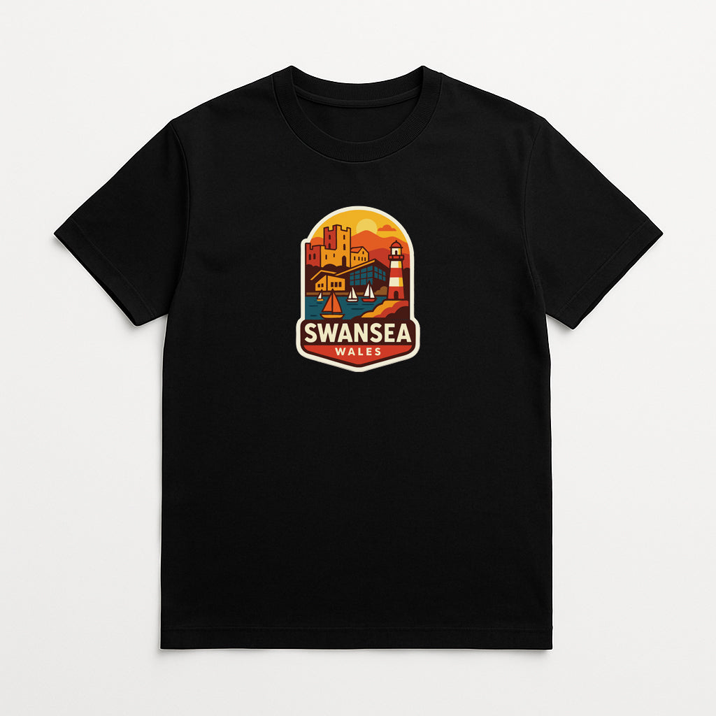 A black t-shirt with a graphic design depicting a cityscape and a lighthouse, along with the text "SWANSEA WALES".
