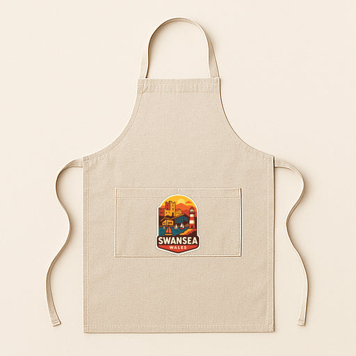 A beige apricot with a logo of Swansea, a coastal town, printed on it.